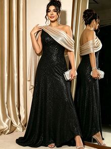 Cravure Fashionable Retro French Elegant Party Colorblock Asymmetrical Shoulder Shawl Collar Ribbon Dress - Black - View 5