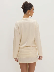 MUSEYN Cream Satin Jacquard Fringe Tie Mini Dress Versatile Evening Date Night Chic New Season Fall - Beige - View 5