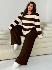 SHEIN EZwear Plus Size Women's Loose Round Neck T-Shirt And Wide Straight Leg Pants Two Pieces Set Fall - Brown - View 4