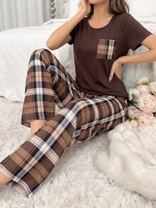 SHEIN 女款休閒針織黑色格紋聖誕睡衣套裝，短袖配短褲 - 棕色 - 查看 1