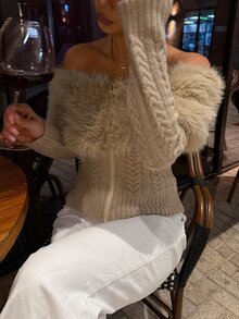 DAZY Women's Rope Trim Faux Fur Patchwork Off-Shoulder Knit Cardigan Fall - Khaki - View 6