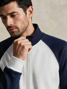 Lornavo Men's Colorblock Raglan Long Sleeve Zip-Up Casual Basic Sweatshirt Beach Vacation White And Navy - Blue and White - View 8