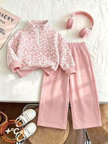 SHEIN 女童 2 件套休閒時尚春/秋/冬款立領運動衫與寬腿運動長褲套裝，適合秋冬日常、街頭、新風格、時髦女孩、校園時尚返校穿搭 - 彩色 - 查看 1