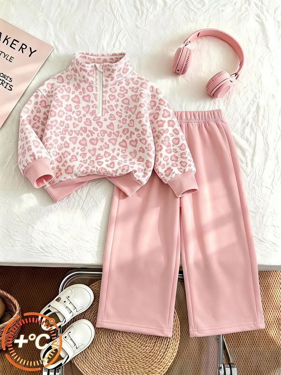 SHEIN 女童 2 件套休閒時尚春/秋/冬款立領運動衫與寬腿運動長褲套裝,適合秋冬日常、街頭、新風格、時髦女孩、校園時尚返校穿搭 - 彩色 - 查看 1