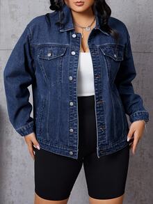 SHEIN EZwear Plus Size Women's Long Sleeve Single-Breasted Casual Denim Jacket - Blue - View 8
