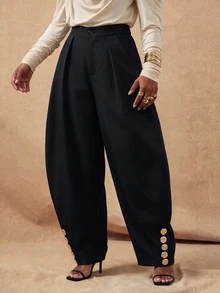 SHEIN Lunessa بنطلون طويل نسائي أسود بتصميم خريف/شتاء مع إبزيم معدني - الأسود - مشاهدة 2