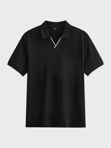 Lornavo Men's Contrast Color Casual Versatile Daily Wear Short Sleeve Polo Shirt - Black - View 3