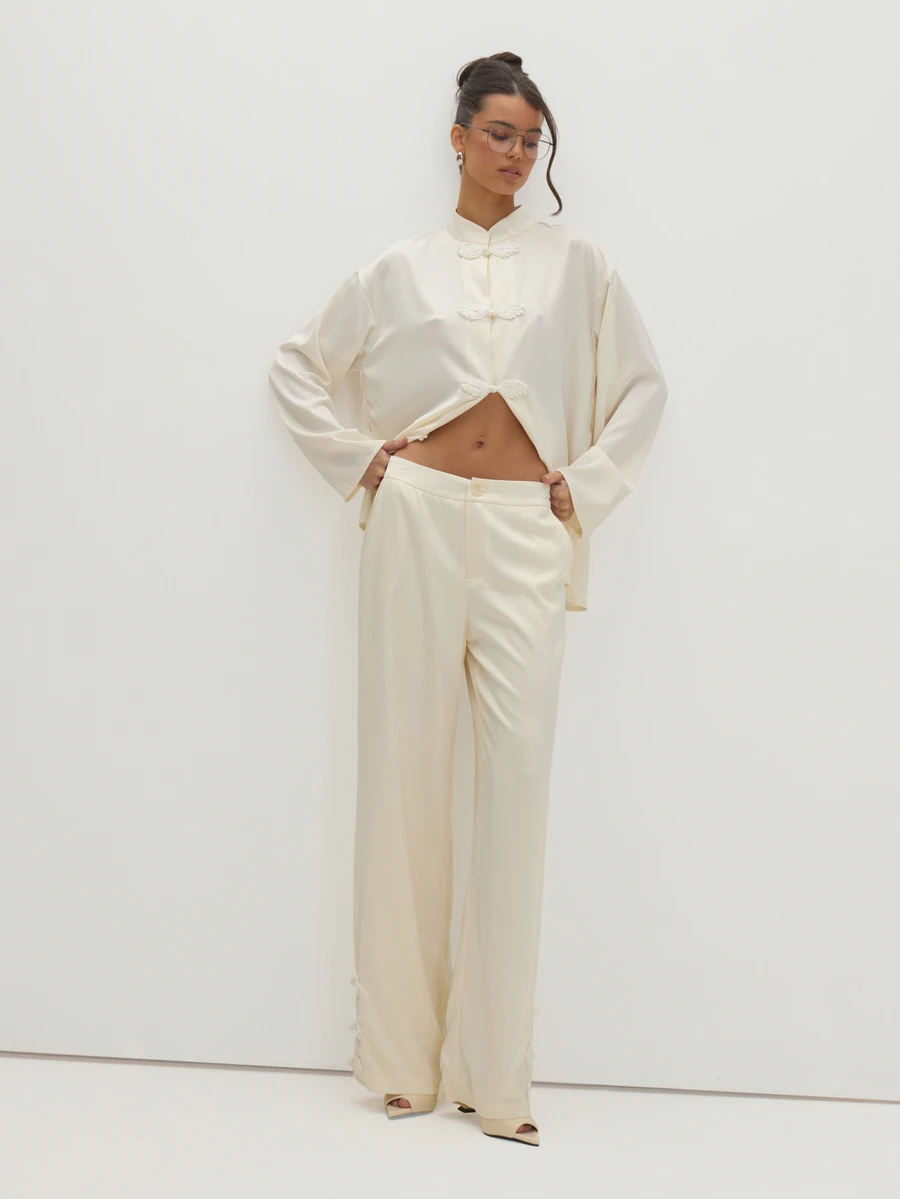MUSEYN Cream Satin Elasticated Waist Knot Detail Trousers Versatile Evening Date Night Chic New Season Fall - Cream - View 1