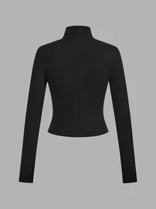 SHEIN EZwear 休閒極簡風 3 件組黑色酒紅海軍藍針織拉鍊長袖女款 T 恤，適合秋冬穿著 - 彩色 - 查看 8