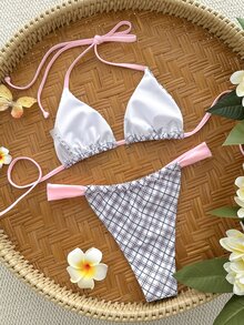 Bonvoyette Women's Spring/Summer New Plaid Print Triangle Cup String Bikini Swimsuit 2 Pieces Set For Beach Vacation - Multicolor - View 4