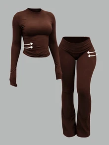 INAWLY Solva 女款純色長袖上衣與長褲休閒日常兩件套 - 咖啡棕 - 查看 3