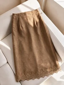 Muvela Women's Brown Suede Lace Skirt - Brown - View 3