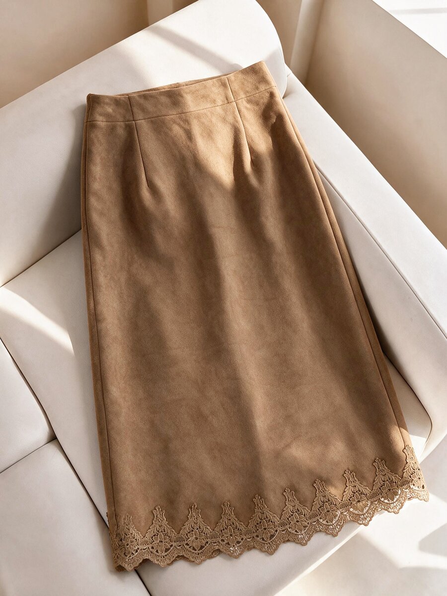 Muvela Women's Brown Suede Lace Skirt - Brown - View 1