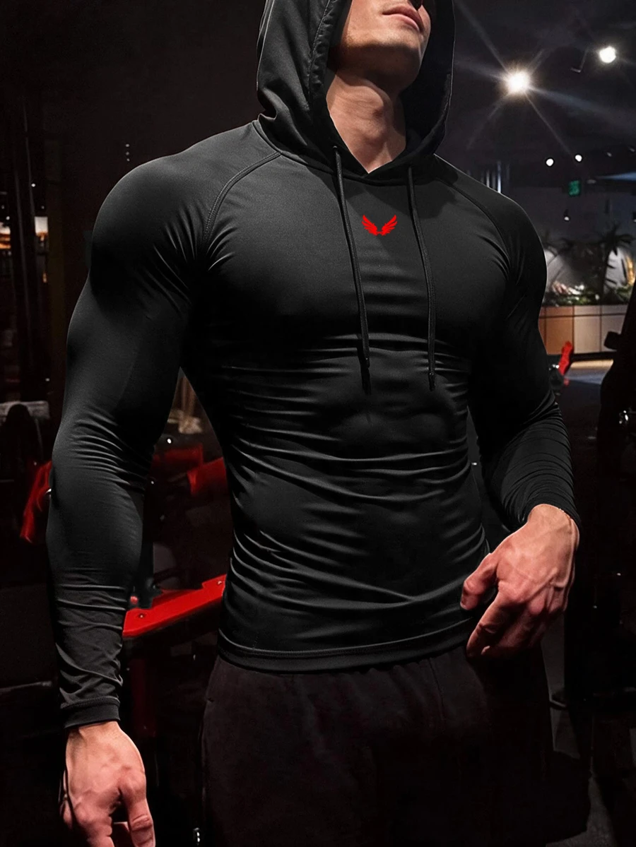 GymBeat Men's Wing Print Long Sleeve Hooded Sweatshirt - Black - View 1