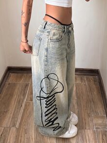 StreetHx 女款休閒日常牛仔褲，附口袋、鈕扣與字母圖案 - 藍色 - 查看 5