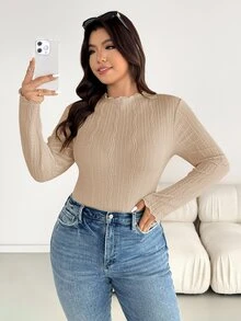 SHEIN Essnce 大尺碼女款黑色冬季休閒通勤正式約會度假秋季時尚高彈力紋理面料小立領T恤上衣 - 卡其色 - 查看 5