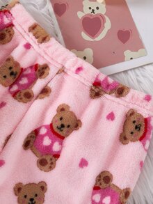 Girls Pink Plush Vertical Striped Bow & Heart Pattern Lapel Front Button Long Sleeve Pants Pajama Set, 2 Pieces Striped Soft Autumn/Winter - Pink - View 7