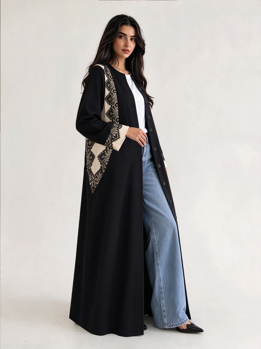 Yasmyna Fashionable Elegant Round Neck Lace Contrast Color Patchwork Front Button Long Sleeve Long Arabic Robe Cardigan - Black - View 1