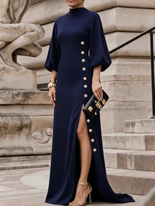 Lunelith SHEIN Lunessa Elegant Banquet Date Holiday Ribbon Design Split Hem Button Decor Women's Long Dress Spring Summer Autumn Black - Brown - View 3