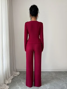 Elenzga Women's Vintage Elegant Commute Party Holiday Daily Napoleon Military Style Metal Double-Breasted Button Fitted Ribbed Knit Set, Round Neck Long Sleeve Cinched Waist Asymmetrical Hem + Flared Pants 2 Pieces Set - Burgundy - View 2