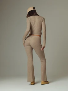 MUSERA Beige Long Sleeve V Neck Top And Mid Rise Flare Trousers Co Ord Sold As Set Fall Autumn Winter - Apricot - View 6
