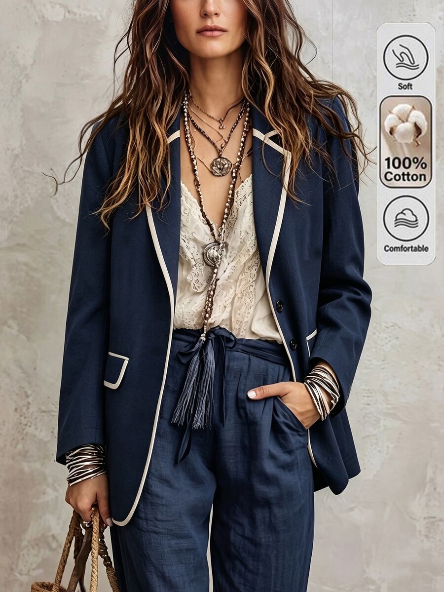 LUMIGAL Jaket Blazer Tipis Mirip Linen Warna Kontras Biru Tua untuk Wanita, Gaya Komuter Elegan untuk Musim Semi dan Gugur - MultiWarna - View 1