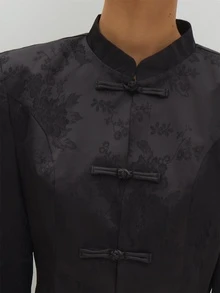 MUSEYN Black Satin Jacquard Knot Fasten Structured Blazer Versatile Evening Date Night Chic New Season Fall Party Elagant Halloween - Black - View 6