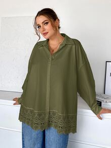 SHEIN Essnce 大尺碼百搭蕾絲拼接單排扣長袖襯衫 秋季 - 軍綠色 - 查看 4