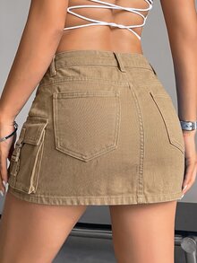 Jeanoix 女款夏季純色工裝牛仔裙 - 卡其色 - 查看 8