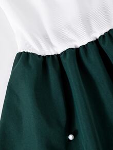 SHEIN Casuvi Kids 青少年女孩秋冬優雅珍珠開襟外套與泡泡下擺吊帶洋裝2件套裝 - 墨綠色 - 查看 4