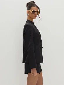 MUSEYN Black Satin Jacquard Knot Fasten Structured Blazer Versatile Evening Date Night Chic New Season Fall Party Elagant Halloween - Black - View 4