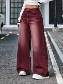 SHEIN Tall 女款時尚十字裝飾直筒寬鬆百搭牛仔褲，適合高個女性 - 紅色 - 查看 6
