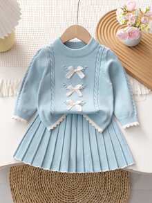 6個月-3歲女嬰圓領波浪下擺蝴蝶結裝飾百褶裙2件套，嬰兒幼兒秋冬針織套裝，可愛女童外出穿搭 - 淺藍色 - 查看 1