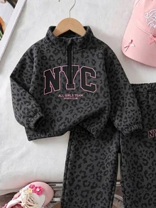 2pcs Setelan Anak Perempuan Kasual Modis Motif Leopard & Huruf Kerah Tinggi Resleting Bahan Fleece dan Celana Jogging Garis-garis Lebar, Cocok untuk Pakaian Musim Gugur/Musim Dingin - MultiWarna - View 3