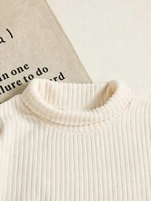 SHEIN 2件組女童休閒時尚不對稱羅紋高領上衣 + 豹紋喇叭褲，內層加厚保暖，適合秋冬日常穿著 - 杏色 - 查看 5