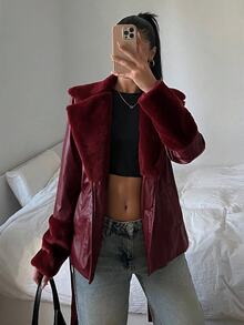 SHEIN EZwear 純色長袖休閒PU拼接收腰抽繩夾克，秋冬款 - 酒紅色 - 查看 4