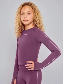 SHEIN 青少年女孩運動針織套裝，圓領長袖拇指孔上衣 + 修身瑜伽內搭褲，厚實橡膠印花，裸感秋季健身梅紫色 - 中紫紅色 - 查看 5