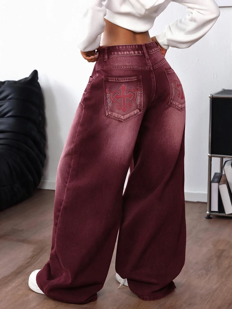 SHEIN Tall 女款時尚十字裝飾直筒寬鬆百搭牛仔褲,適合高個女性 - 紅色 - 查看 1