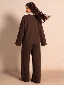 Elaquor Plus Size Women's Striped Colorblock Long Sleeve Top And Wide Leg Pants Casual Daily 2-Piece Set Casual Daily Going Out Striped Sets For Fall/Winter - Brown - View 3