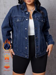 SHEIN EZwear Plus Size Women's Long Sleeve Single-Breasted Casual Denim Jacket - Blue - View 1