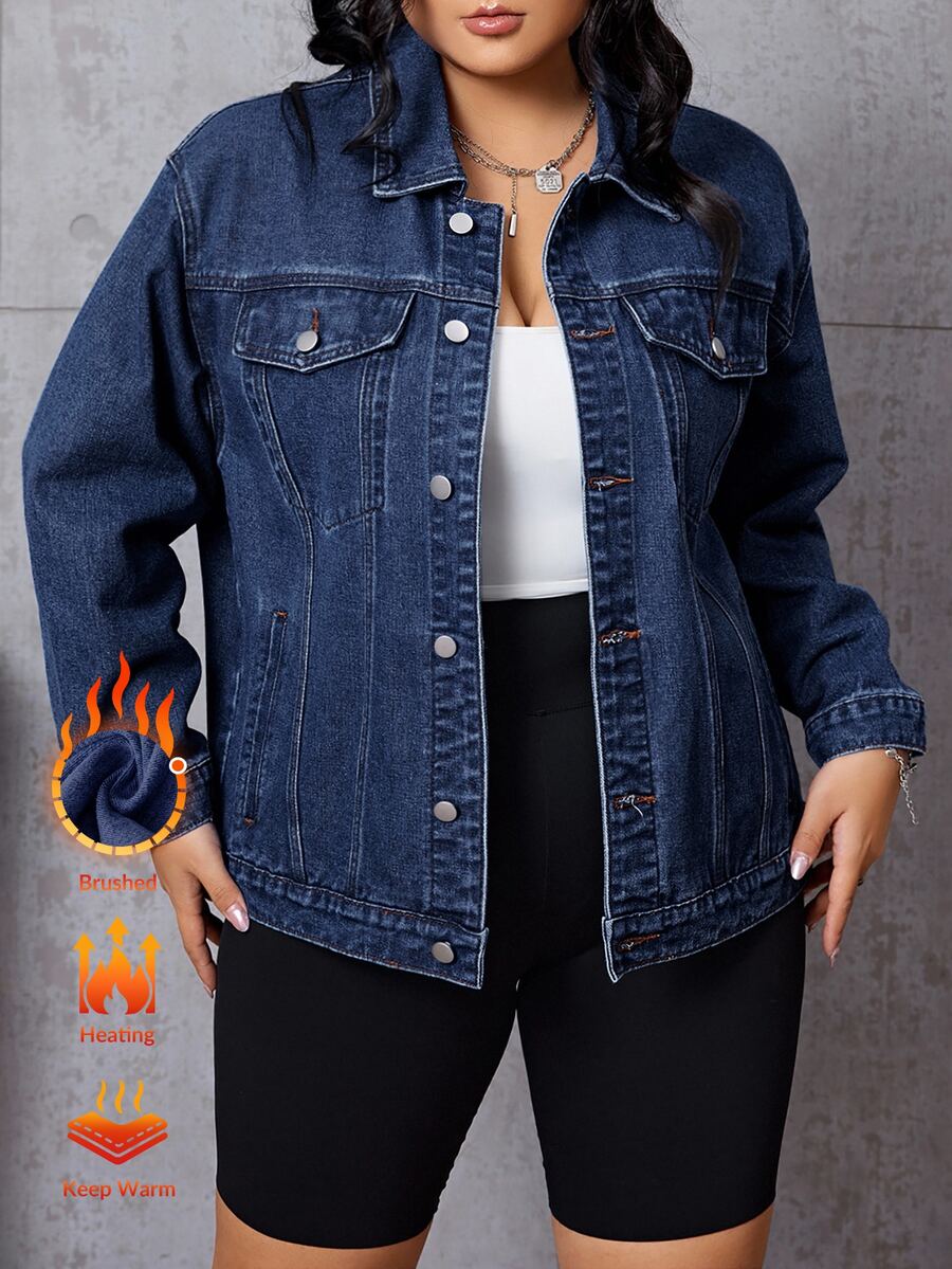 SHEIN EZwear Plus Size Women's Long Sleeve Single-Breasted Casual Denim Jacket - Blue - View 1