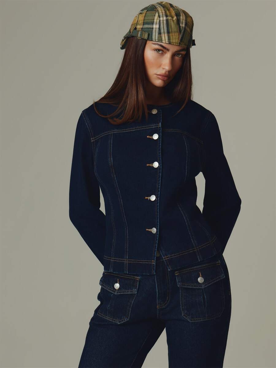 MUSERA Blue Denim Wash Asymmetric Button Down Jacket Fall Autumn Winter Casual Style Outfits - Dark Wash - View 1