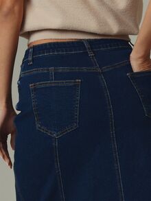 MUSERA Blue Wash Denim Low Rise Midi Skirt Fall Autumn Winter Casual Style Outfits - Blue - View 5