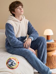 男童煙燻藍與淺杏色拼接拉鍊連帽對比口袋長袖抓絨連身衣，秋冬居家休閒服 - 彩色 - 查看 7