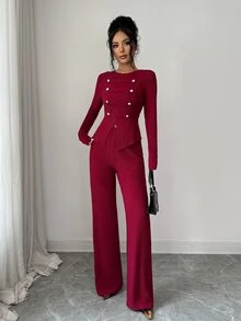 Elenzga Women's Vintage Elegant Commute Party Holiday Daily Napoleon Military Style Metal Double-Breasted Button Fitted Ribbed Knit Set, Round Neck Long Sleeve Cinched Waist Asymmetrical Hem + Flared Pants 2 Pieces Set - Burgundy - View 4