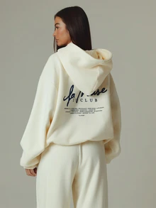MUSERA Cream Oversized Graphic Long Sleeve Hoodie Fall Autumn Winter Casual Style Outfits - Apricot - View 1