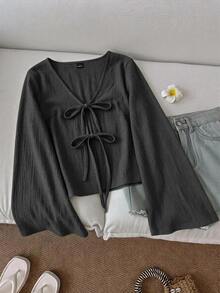 SHEIN LUNE 女款紋理百搭上衣 灰色淺綠色，女款休閒純色V領喇叭袖扭轉前襟襯衫，繫帶前襟上衣，休閒風格 - 深灰色 - 查看 1