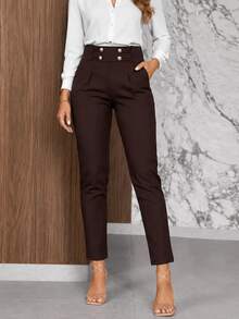 Balvessa Autumn Commute High Waist Cigarette Pants, Double-Breasted Design, Drape Cropped Suit Pants, Versatile Women's Trousers - Rust Brown - View 7