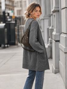 Elafinee Slouchy V-Neck Front Cable Knit Textured Drop Shoulder Long Sleeve Ribbed Cuff Hem Loose Fit Women's Cardigan - Grey - View 2
