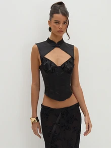 MUSEYN Black Satin Mandarin Collar Corset Top Versatile Evening Date Night Chic New Season Fall Party Elagant Halloween - Black - View 2